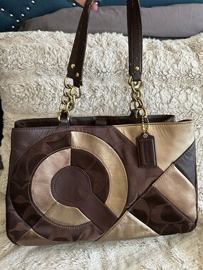 Coach Brown and Metallic Bronze Patchwork Shoulder Bag